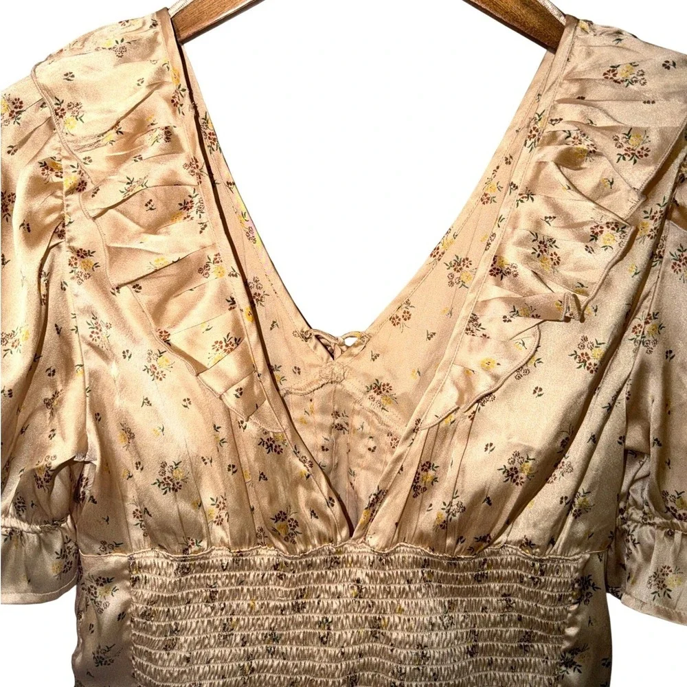 Free People Floral Milkmaid Top Small Satin Puff Sleeve Pintuck Cottagecore Gold